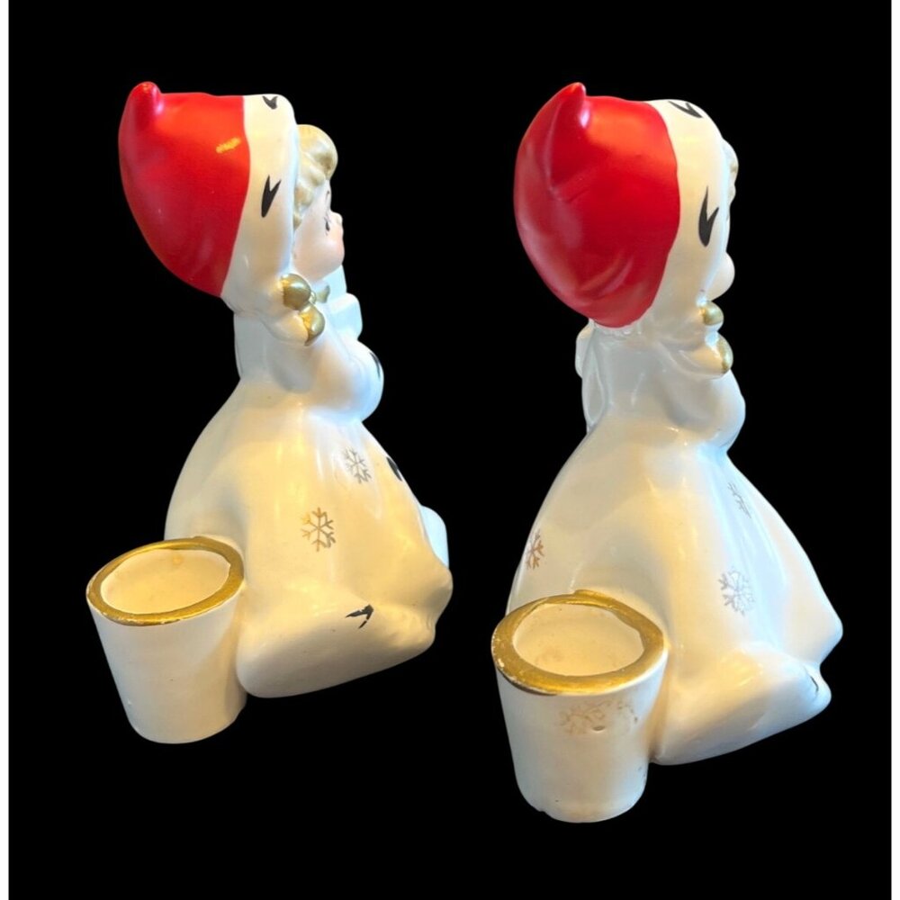 Vtg 1950s Napco Snowflake Girl Candle Holders Ceramic Christmas Figurines Holida - Picture 5 of 5